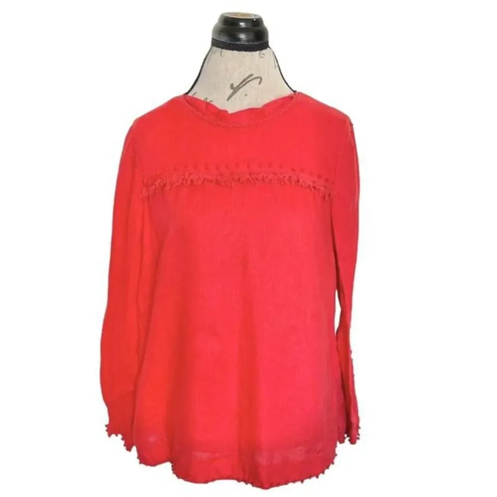 J Crew Womens Blouse 100% Linen Long Sleeve Dots Embroidered Trim Frayed Sz 8